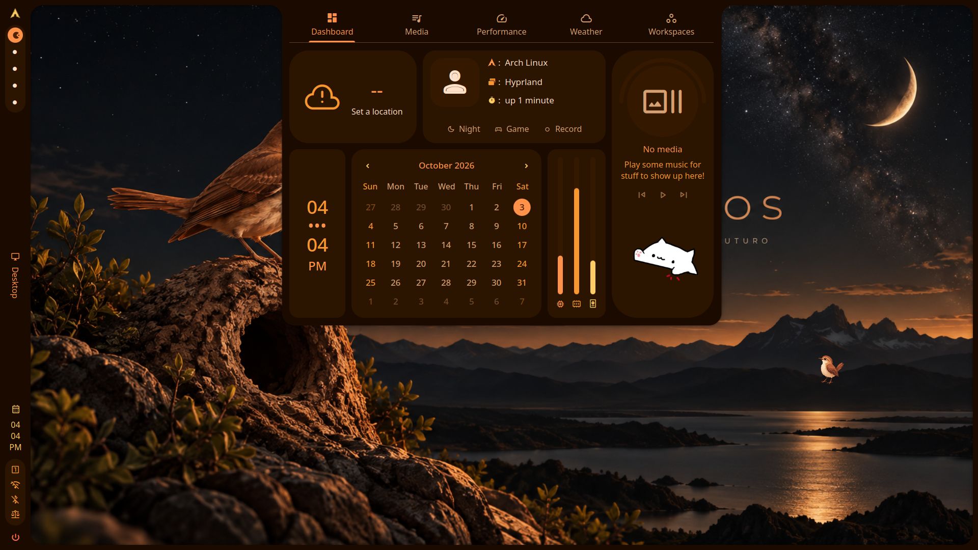 The live Hornero Dark Dashboard shows five tabs, one No media empty state, a clear performance graph, and the Companion over the desktop wallpaper.