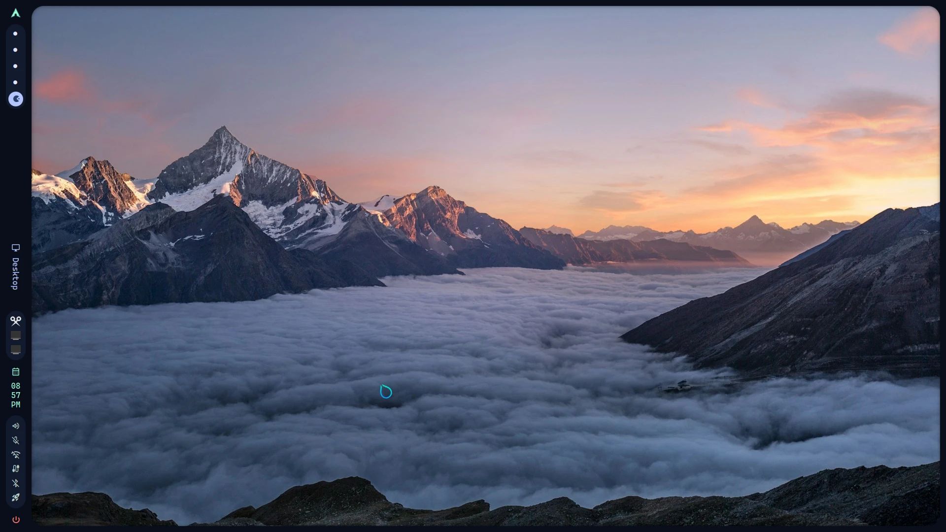 Hornero desktop with a pale alpine sunrise above cloud behind its left rail.