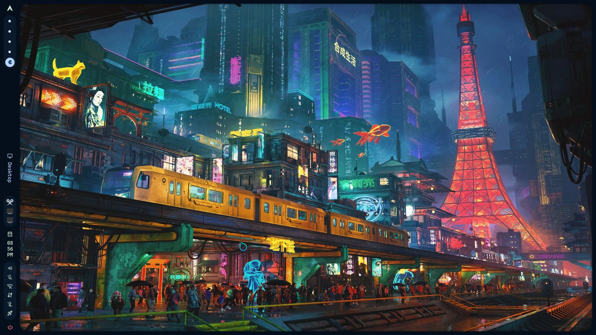 Hornero desktop with the Neon City cyberpunk skyline behind its left rail.