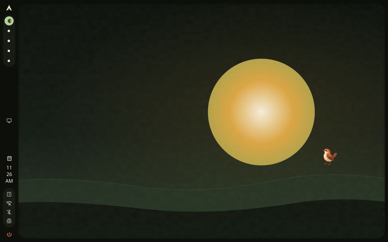 Pampa theme applied to a deep green grassland scene with a warm moon, rolling horizon and slim Hornero rail.