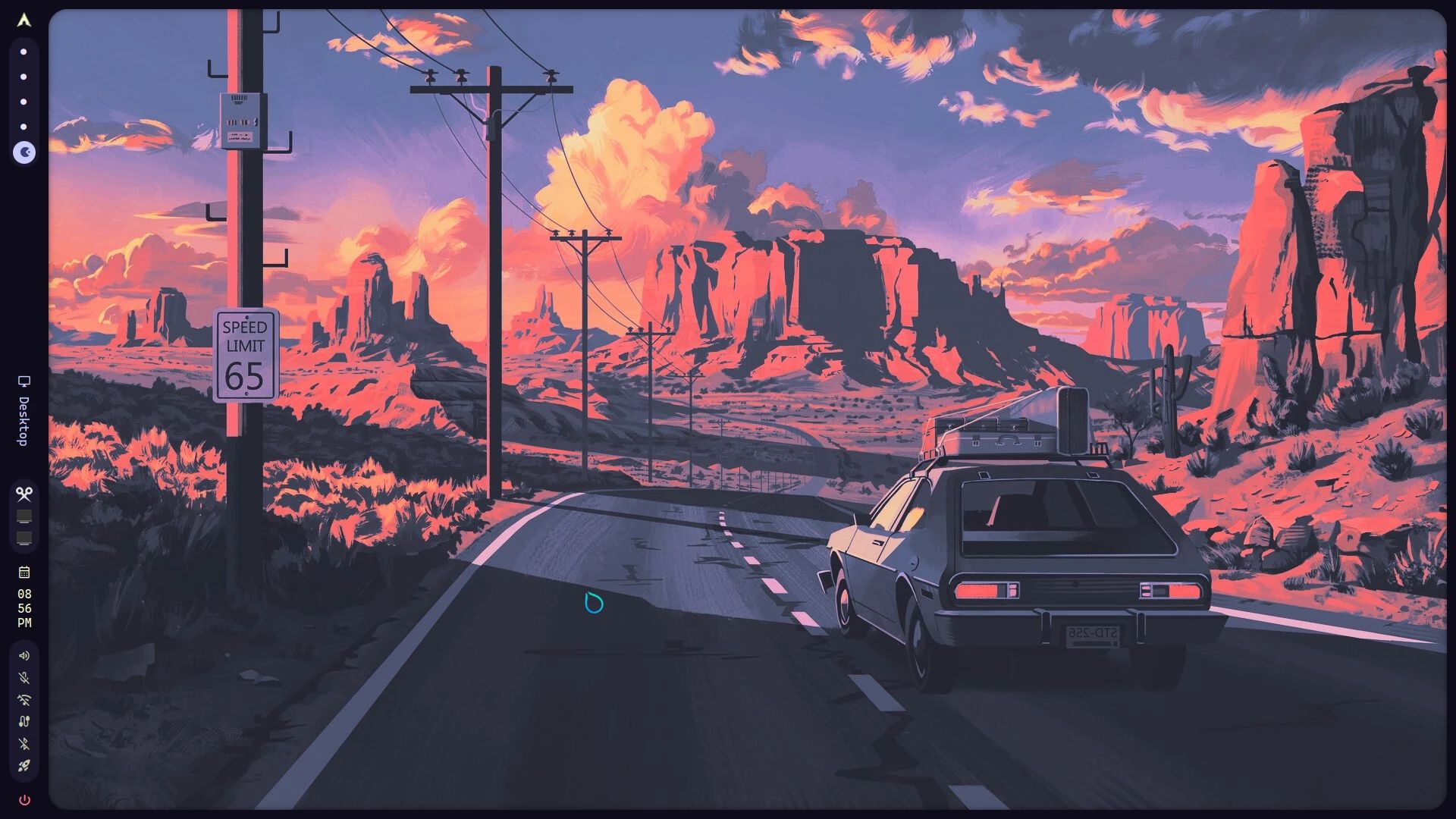 Hornero desktop with a coral synthwave road and dusk-purple sky behind its left rail.