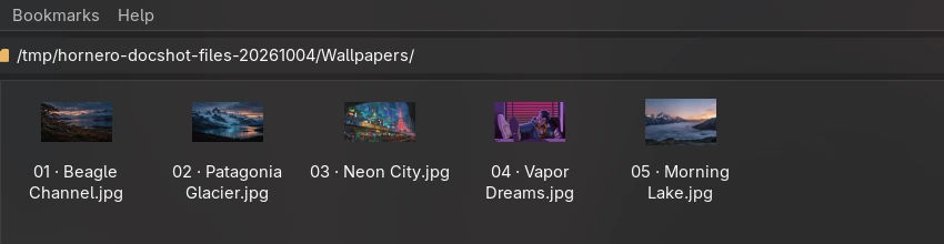 Thunar shows a mixed-color Hornero wallpaper folder with Patagonia, Beagle Channel, Neon City, Vapor Dreams, and Morning Lake thumbnails.
