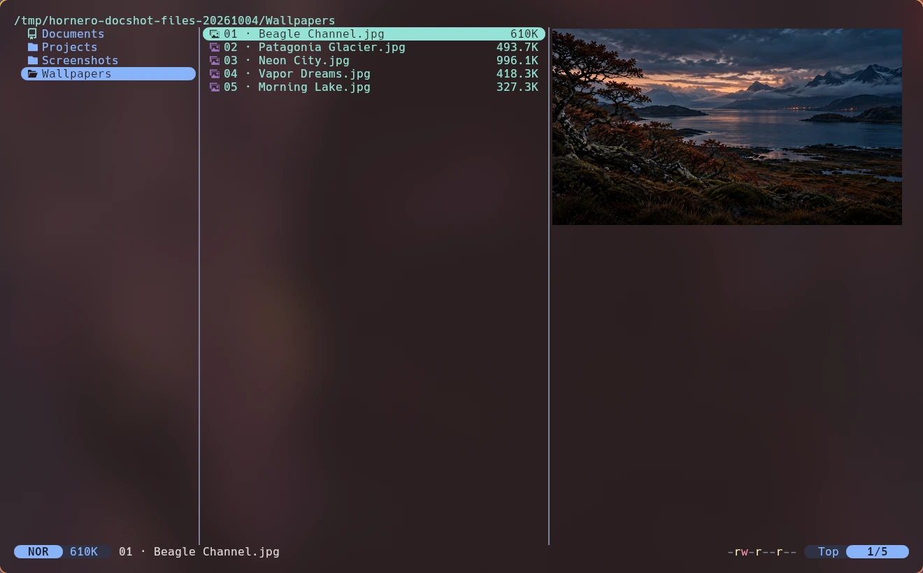 Yazi previews a Beagle Channel dusk wallpaper beside a keyboard-driven file list that includes Patagonia, Neon City, Vapor Dreams, and Morning Lake.